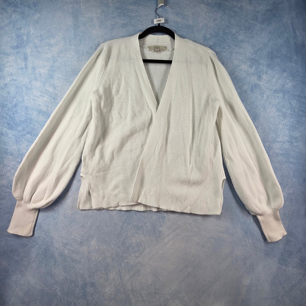 Loft Womens White Ribbed Knit Balloon Sleeve Open Front Cardigan Sweater‎ Size S